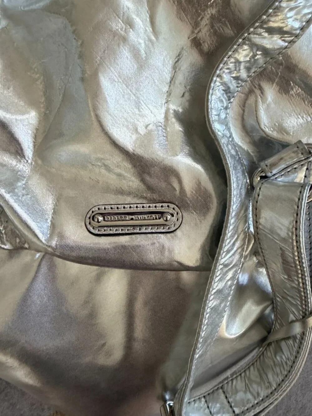REBECCA MINKOFF Silver Metallic Zip Backpack